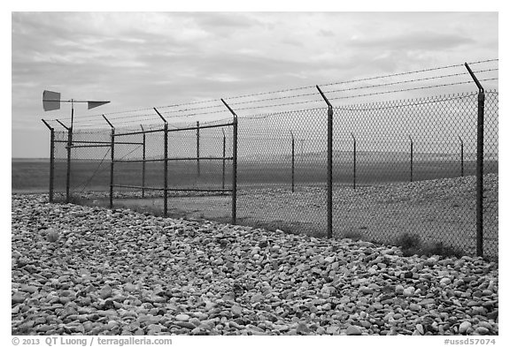 Perimeter enclosure of missile launch facility. Minuteman Missile National Historical Site, South Dakota, USA (black and white)