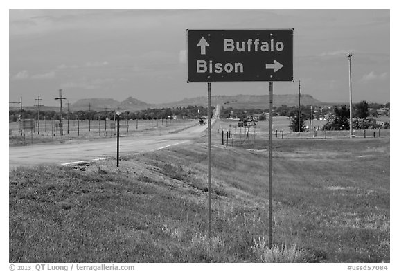 Sign pointing to Bison, Buffalo. South Dakota, USA (black and white)