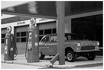 Vintage gas pumps and car, Deadwood. Black Hills, South Dakota, USA ( black and white)