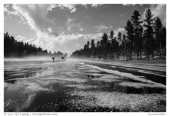 Highway with hail, Black Hills National Forest. Black Hills, South Dakota, USA