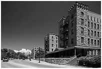 Sandstone buildings, Hot Springs. Black Hills, South Dakota, USA (black and white)