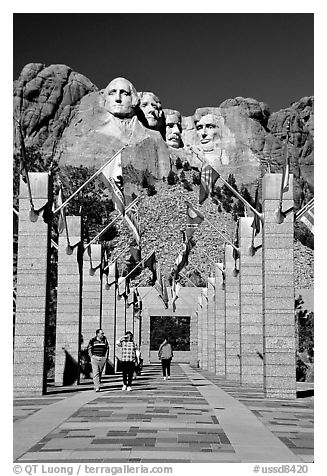 Alley of the Flags, with flags from each of the 50 US states, Mount Rushmore National Memorial. South Dakota, USA (black and white)