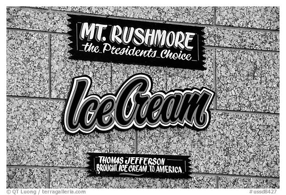 Sign about ice cream and presidents, Mount Rushmore National Memorial. South Dakota, USA