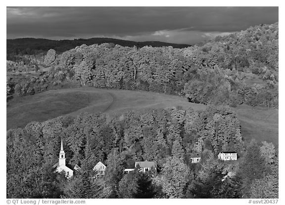 East Corinth village amongst trees in autumn color. Vermont, New England, USA (black and white)