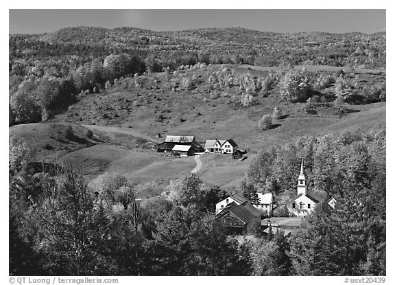 Church and farm in fall, East Corinth. USA (black and white)