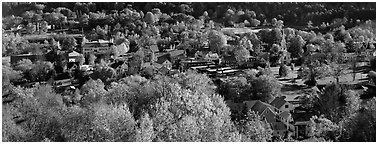 Vermont small town with trees in autumn colors. Vermont, New England, USA (Panoramic black and white)