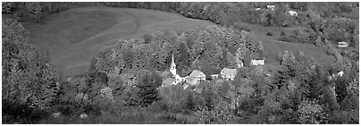 Vermont Village and hill in autumn, East Corithn. Vermont, New England, USA (Panoramic black and white)