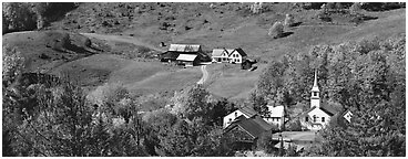 Rural landscape with village and fall colors, East Corithn. Vermont, New England, USA (Panoramic black and white)