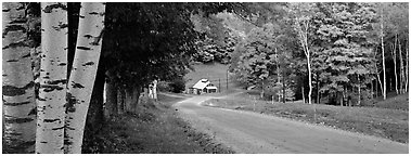 Pastoral landscape in autumn with road. Vermont, New England, USA (Panoramic black and white)
