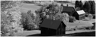 Pastoral barn scenery in autumn. Vermont, New England, USA (Panoramic black and white)