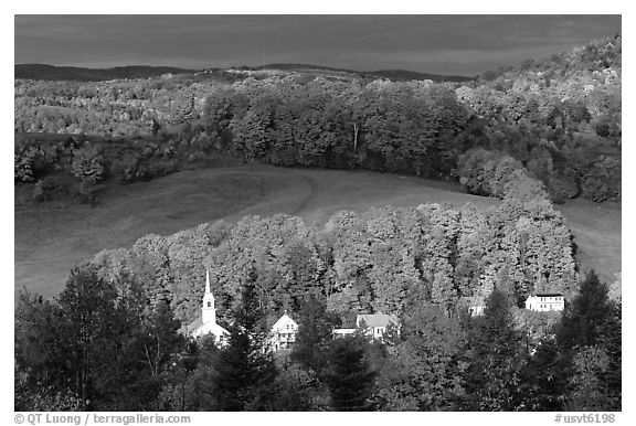 Church and houses in fall, East Corinth. Vermont, New England, USA