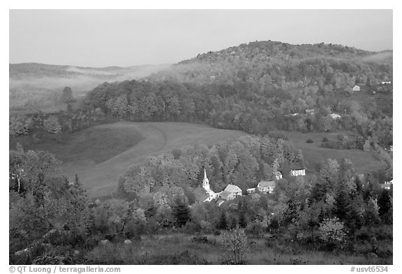 East Corinth village in fall, morning. Vermont, New England, USA (black and white)