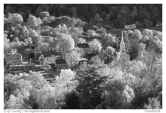 Village surounded by trees in brilliant autumn foliage. Vermont, New England, USA (black and white)