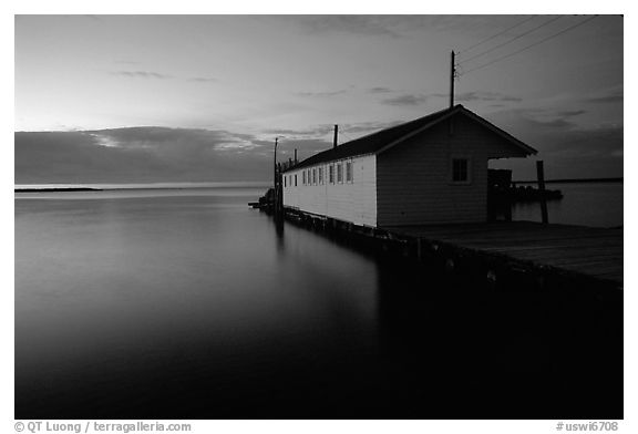 Lake Superior and wharf at dusk, Apostle Islands National Lakeshore. Wisconsin, USA (black and white)