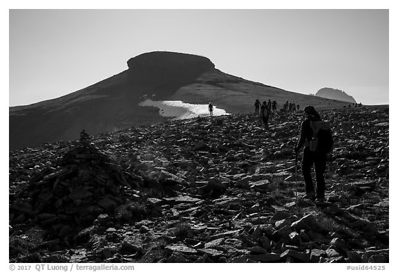 Hikers approach Table Mountain on trail, Aug 21, 2017. Jedediah Smith Wilderness,  Caribou-Targhee National Forest, Idaho, USA (black and white)