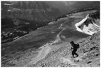 Hiker descending Table Mountain Trail. Jedediah Smith Wilderness,  Caribou-Targhee National Forest, Idaho, USA ( black and white)