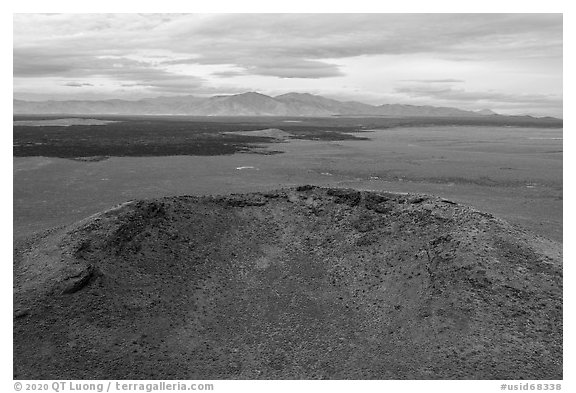 Aerial view of Big Blowout Butte vent area of shield volcano. Craters of the Moon National Monument and Preserve, Idaho, USA (black and white)