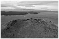 Aerial view of Big Blowout Butte vent area of shield volcano. Craters of the Moon National Monument and Preserve, Idaho, USA ( black and white)