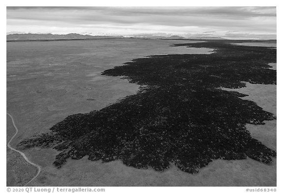 Aerial view of Lava Point, southern-most point of the Grassy lava flow. Craters of the Moon National Monument and Preserve, Idaho, USA (black and white)