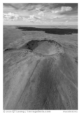 Aerial view of Bear Den Butte cinder cone. Craters of the Moon National Monument and Preserve, Idaho, USA (black and white)