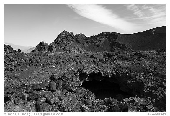 Lava tube opening inside North Crater. Craters of the Moon National Monument and Preserve, Idaho, USA (black and white)