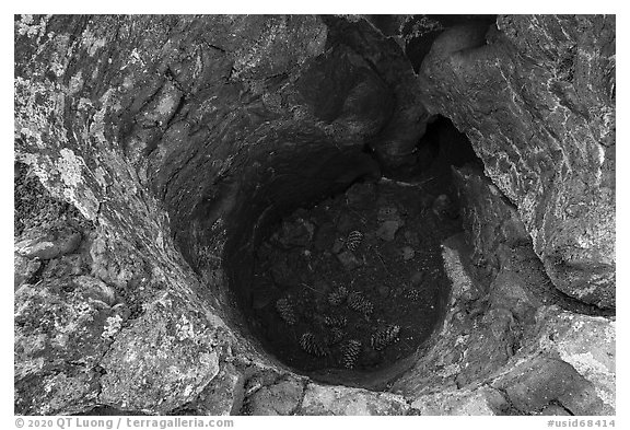 Trunk-shaped depression in lava. Craters of the Moon National Monument and Preserve, Idaho, USA (black and white)