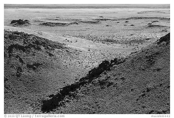 Lava rocks on breach of Bear Den Butte crater. Craters of the Moon National Monument and Preserve, Idaho, USA (black and white)