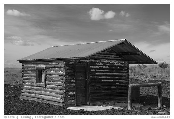 Last remaining trapper cabin, South Park Well. Craters of the Moon National Monument and Preserve, Idaho, USA (black and white)
