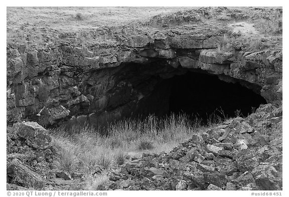 Bear Trap Cave entrance. Craters of the Moon National Monument and Preserve, Idaho, USA (black and white)