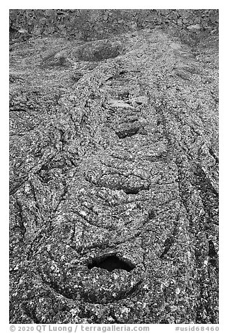 Cascades of Pahoehoe lava from Pilar Butte. Craters of the Moon National Monument and Preserve, Idaho, USA (black and white)