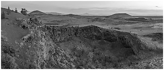 Echo Crater at dawn. Craters of the Moon National Monument and Preserve, Idaho, USA (Panoramic black and white)
