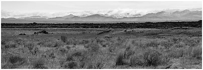 Laidlaw kapuka and Pioneer Mountains. Craters of the Moon National Monument and Preserve, Idaho, USA (Panoramic black and white)