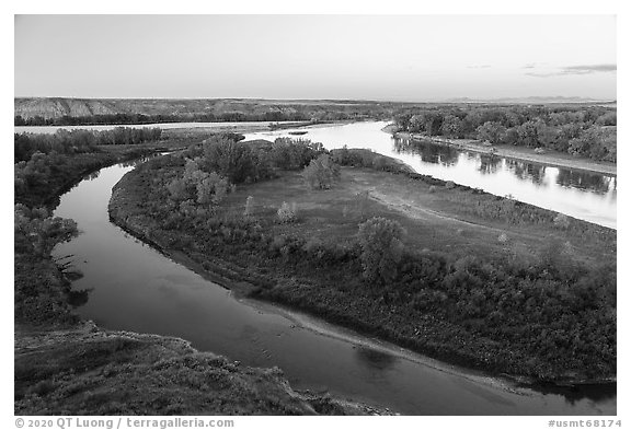 Confluence of the Marias and Missouri Rivers. Upper Missouri River Breaks National Monument, Montana, USA (black and white)