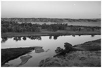 Moon rising above Missouri River, Decision Point. Upper Missouri River Breaks National Monument, Montana, USA ( black and white)