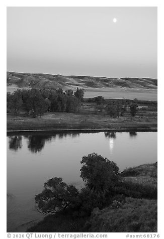 Moon reflected in Missouri River, Decision Point. Upper Missouri River Breaks National Monument, Montana, USA (black and white)