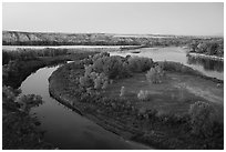Confluence of the Marias and Missouri Rivers at Decision Point, dusk. Upper Missouri River Breaks National Monument, Montana, USA ( black and white)