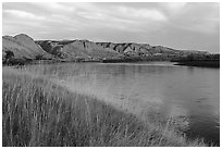 Grasses and bluffs at sunrise, Wood Bottom. Upper Missouri River Breaks National Monument, Montana, USA ( black and white)