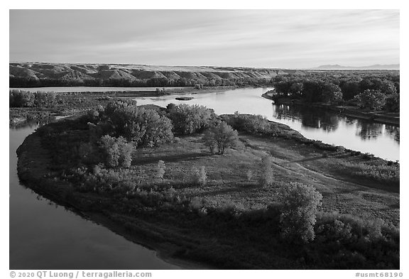 Missouri River Island at Lewis and Clark Decision Point. Upper Missouri River Breaks National Monument, Montana, USA (black and white)