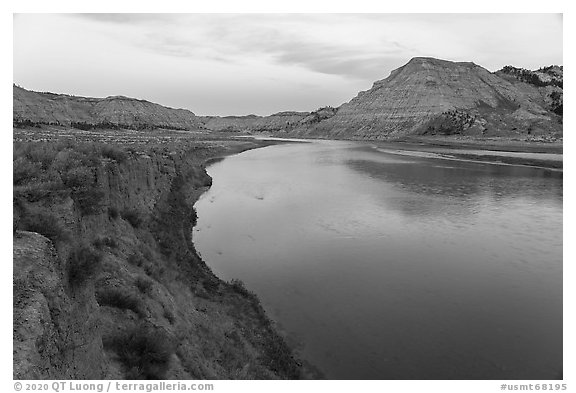 Bluffs rising from the Missouri River. Upper Missouri River Breaks National Monument, Montana, USA (black and white)