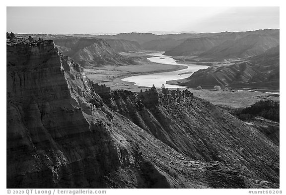 Cliffs and Missouri River valley. Upper Missouri River Breaks National Monument, Montana, USA (black and white)