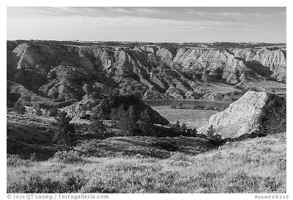 Prairie and badlands along the Missouri River. Upper Missouri River Breaks National Monument, Montana, USA (black and white)