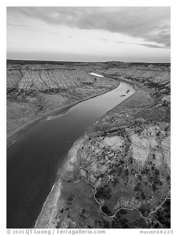 Aerial view of badlands and Missouri River. Upper Missouri River Breaks National Monument, Montana, USA (black and white)