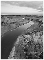 Aerial view of badlands and Missouri River. Upper Missouri River Breaks National Monument, Montana, USA ( black and white)