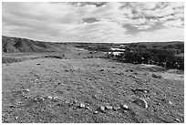 Tipi ring above Little Sandy Camp. Upper Missouri River Breaks National Monument, Montana, USA ( black and white)