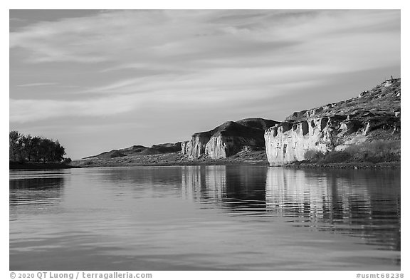 White cliffs of sandstone on river edge. Upper Missouri River Breaks National Monument, Montana, USA (black and white)