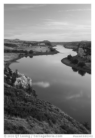 Sunset over Missouri River from Burnt Butte. Upper Missouri River Breaks National Monument, Montana, USA (black and white)