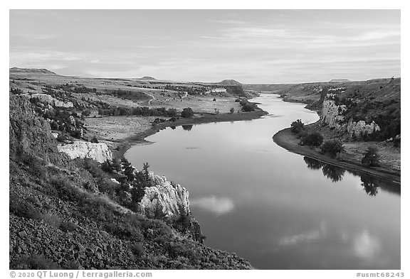 Missouri River and Eagle Creek Camp from Burnt Butte. Upper Missouri River Breaks National Monument, Montana, USA (black and white)