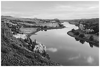 Missouri River and Eagle Creek Camp from Burnt Butte. Upper Missouri River Breaks National Monument, Montana, USA ( black and white)