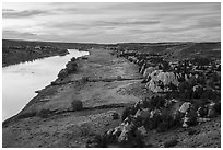 Sandstone cliffs and river from above at sunset. Upper Missouri River Breaks National Monument, Montana, USA ( black and white)