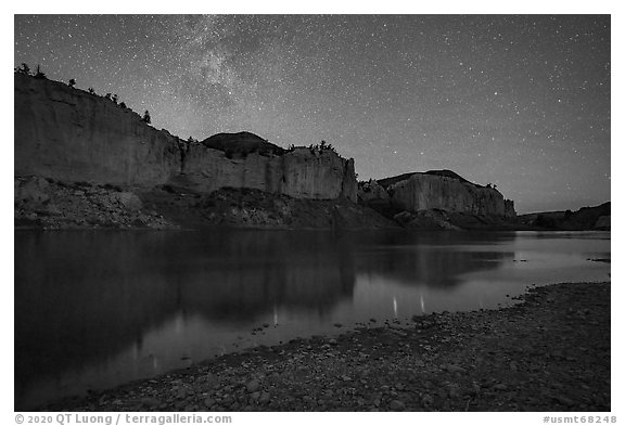 White cliffs with starry sky at night. Upper Missouri River Breaks National Monument, Montana, USA (black and white)